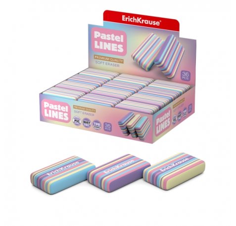 ErichKrause Pastel Lines Expositor con 36 Gomas de Borrar - Caucho Termoplastico - No Deja Residuos - No Rasga el Papel - Libre de PVC - Colores Surtidos