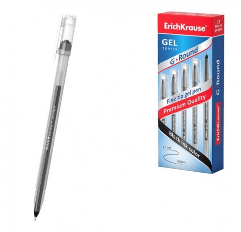 ErichKrause G-Round Stick Classic Boligrafo con Capuchon - Punta de 0.5mm - Trazo 0.3mm - Tinta de Gel - Resistente al Agua - Secado Rapido - Color Negro (12 uds)