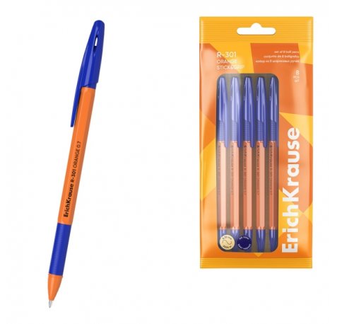 ErichKrause R-301 Stick and Grip Orange Pack de 8 Boligrafos con Capuchon - Punta de 0.7mm - Cuerpo Opaco Naranja - Trazo 0.35mm - Zona de Agarre de Goma - Color Azul