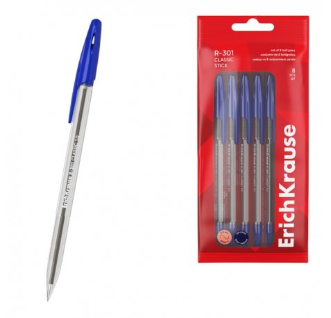 ErichKrause R-301 Stick Classic Pack de 8 Boligrafos con Capuchon - Punta de 1.0mm - Cuerpo Transparente - Trazo 0.5mm - Tinta de Secado Rapido - Tapa Ventilada - Color Azul