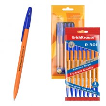 ErichKrause R-301 Stick Orange Pack de 8 Boligrafos con Capuchon - Punta de 0.7mm - Cuerpo Opaco Naranja - Trazo 0.35mm - Color Azul