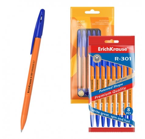 ErichKrause R-301 Stick Orange Pack de 8 Boligrafos con Capuchon - Punta de 0.7mm - Cuerpo Opaco Naranja - Trazo 0.35mm - Color Azul