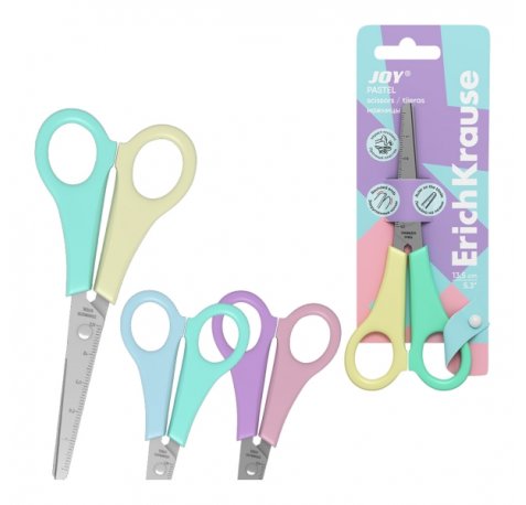 ErichKrause JOY Pastel Tijeras de 13.5cm - Puntas Redondeadas - Regla de 5cm en la Hoja - Mangos de Plastico Resistente a Golpes - Acero Inoxidable - Colores Surtidos