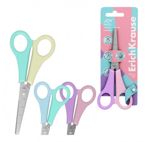 ErichKrause JOY Pastel Tijeras de 13.5cm para Zurdos - Puntas Redondeadas - Mangos de Plastico Resistente a Golpes - Acero Inoxidable - Ergonomicas - Colores Surtidos