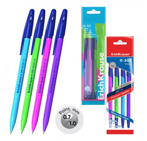 ErichKrause R-301 Stick Neon Pack de 4 Boligrafos con Capuchon - Modelos Surtidos - Trazo 0.35mm - Tinta de Secado Rapido - Color Azul