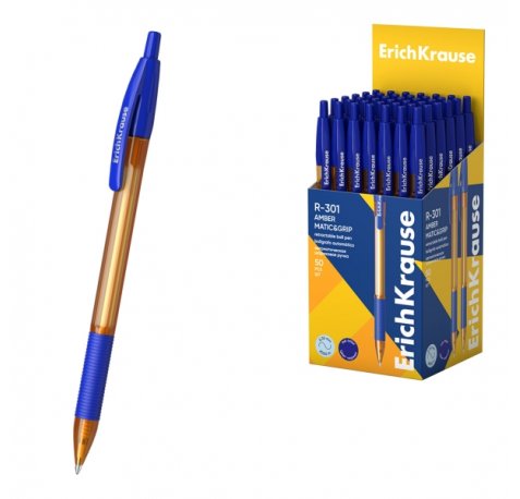 ErichKrause R-301 Matic and Grip Amber Boligrafo Retractil - Punta de 0.7mm - Trazo 0.35mm - Zona de Agarre de Goma - Color Azul (50 uds)