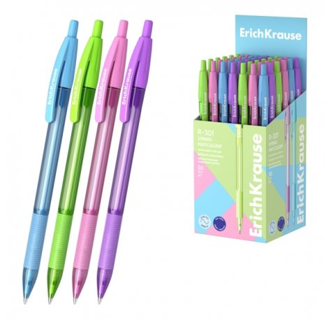 ErichKrause R-301 Matic and Grip Spring Boligrafo Retractil - Modelos Surtidos - Trazo 0.35mm - Zona de Agarre de Goma - Color Azul (50 uds)