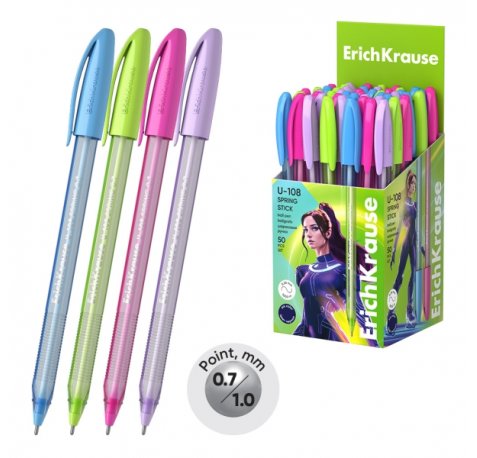ErichKrause U-108 Stick Spring Boligrafo con Capuchon - Modelos Surtidos - Trazo 0.26mm - Tinta de Baja Viscosidad - Tapa Ventilada - Color Azul (50 uds)