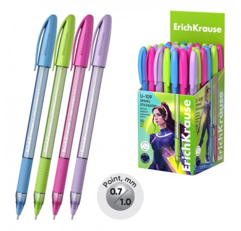 ErichKrause U-109 Stick and Grip Spring Boligrafo con Capuchon - Modelos Surtidos - Trazo 0.3mm - Zona de Agarre de Goma - Tinta de Baja Viscosidad - Tapa Ventilada - Color Azul (50 uds)