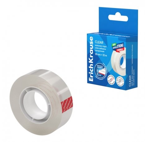 ErichKrause Clear Cinta Adhesiva - Alta Adhesion - 18mm de Ancho - 33 Metros - Resistente a la Luz - Color Transparente