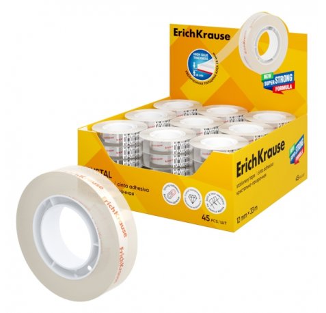 ErichKrause Crystal Expositor con 45 Cintas Adhesivas - Alta Adhesion - 12mm de Ancho - 33 Metros - Resistente al Desgarro Longitudinal - Color Transparente