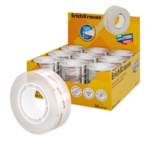 ErichKrause Crystal Expositor con 36 Cintas Adhesivas - Alta Adhesion - 18mm de Ancho - 33 Metros - Resistente al Desgarro Longitudinal - Color Transparente