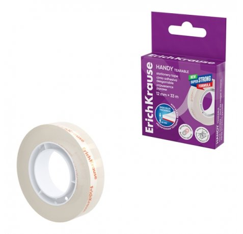 ErichKrause Handy tearable Cinta Adhesiva - Alta Adhesion - 12mm de Ancho - 33 Metros - Resistente al Desgarro Longitudinal - Color Transparente