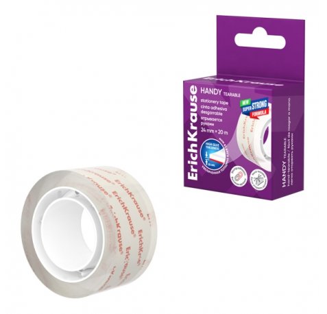 ErichKrause Handy tearable Cinta Adhesiva - Alta Adhesion - 24mm de Ancho - 20 Metros - Resistente al Desgarro Longitudinal - Color Transparente
