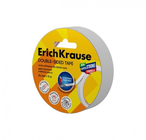 ErichKrause Cinta Adhesiva de Doble Cara - 1mm de Grosor - 24mm de Ancho - 9 Metros - Alta Adhesion - Base de Papel Extraible - Color Transparente