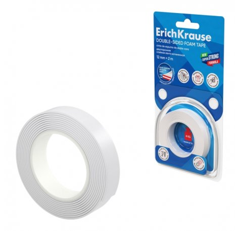 ErichKrause Cinta Adhesiva de Doble Cara - Espuma - Soporta hasta 4kg/m2 - 1mm de Grosor - 12mm de Ancho - 2 Metros - Alta Adhesion - Resistente al Desgarro Longitudinal - Color Blanco