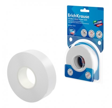 ErichKrause Cinta Adhesiva de Doble Cara - Espuma - Soporta hasta 8kg/m2 - 1mm de Grosor - 24mm de Ancho - 5 Metros - Alta Adhesion - Resistente al Desgarro Longitudinal - Color Blanco