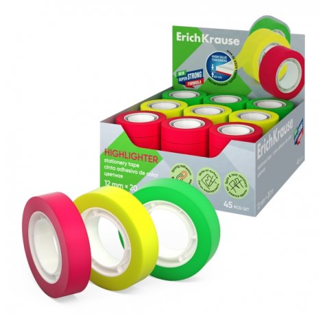 ErichKrause Highlighter Expositor con 45 Cintas Adhesivas - Alta Adhesion - 12mm de Ancho - 20 Metros - Superficie Mate Antideslumbrante - Colores Surtidos
