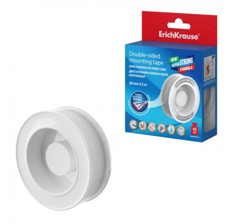 ErichKrause Cinta Adhesiva de Doble Cara - 1mm de Grosor - Soporta hasta 40kg/m2 - 30mm de Ancho - 2 Metros - Alta Adhesion - Resistente al Desgarro Longitudinal - Color Transparente