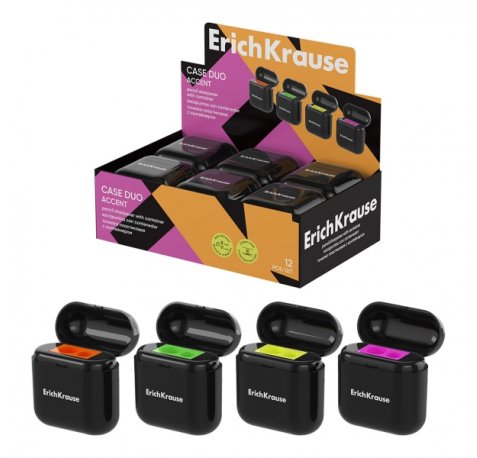 ErichKrause Case Duo Accent Expositor con 12 Sacapuntas con Contenedor - Plastico - 2 Orificios de 8 y 11mm - Cuchilla Niquelada de Acero al Carbono - Colores Surtidos