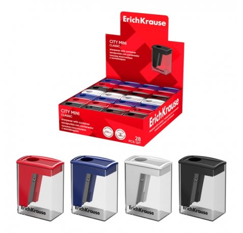 ErichKrause City Mini Classic Expositor con 28 Sacapuntas con Contenedor - Plastico - Cuchilla Niquelada de Acero al Carbono - Orificio de 8mm - Colores Surtidos
