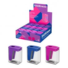 ErichKrause City Mini Vivid Expositor con 28 Sacapuntas con Contenedor - Plastico - Cuchilla Niquelada de Acero al Carbono - Orificio de 8mm - Colores Surtidos