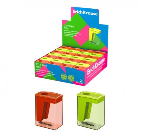 ErichKrause City Mini Neon Expositor con 28 Sacapuntas con Contenedor - Plastico - Cuchilla Niquelada de Acero al Carbono - Orificio de 8mm - Colores Surtidos