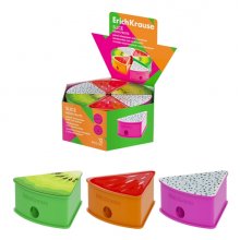ErichKrause Slice Neon Fruits Expositor con 12 Sacapuntas con Contenedor - Plastico - Cuchilla Niquelada de Acero al Carbono - Orificio de 8mm - Colores Surtidos