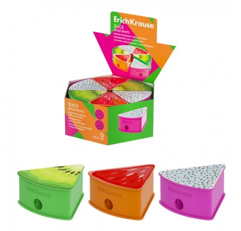 ErichKrause Slice Neon Fruits Expositor con 12 Sacapuntas con Contenedor - Plastico - Cuchilla Niquelada de Acero al Carbono - Orificio de 8mm - Colores Surtidos