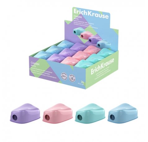 ErichKrause Charm Pastel Expositor con 24 Sacapuntas con Contenedor - Plastico - Cuchilla Niquelada de Acero al Carbono - Orificio de 8mm - Colores Surtidos