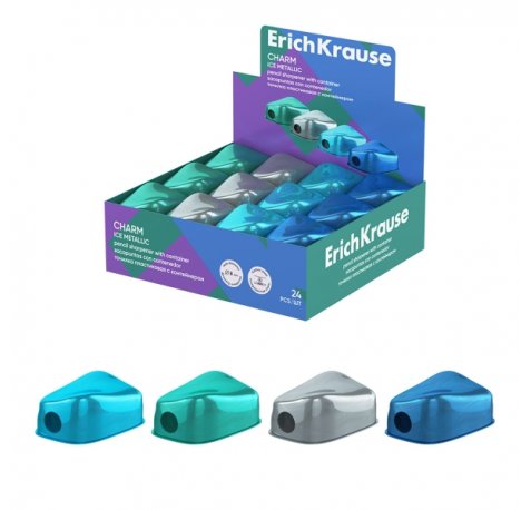 ErichKrause Charm Ice Metallic Expositor con 24 Sacapuntas con Contenedor - Plastico - Cuchilla Niquelada de Acero al Carbono - Orificio de 8mm - Colores Surtidos