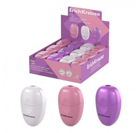 ErichKrause Eva Candy Expositor con 24 Sacapuntas con Contenedor - Plastico - Cuchilla Niquelada de Acero al Carbono - Orificio de 8mm - Colores Surtidos