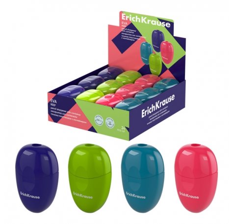 ErichKrause Eva Reef Expositor con 24 Sacapuntas con Contenedor - Plastico - Cuchilla Niquelada de Acero al Carbono - Orificio de 8mm - Colores Surtidos