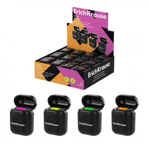 ErichKrause Case Accent Expositor con 24 Sacapuntas con Contenedor - Plastico - Cuchilla Niquelada de Acero al Carbono - Orificio de 8mm - Colores Surtidos