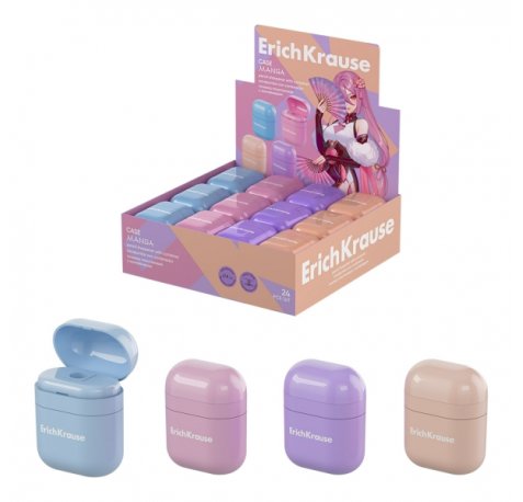 ErichKrause Case Manga Expositor con 24 Sacapuntas con Contenedor - Plastico - Cuchilla Niquelada de Acero al Carbono - Orificio de 8mm - Colores Surtidos