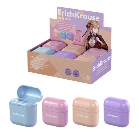 ErichKrause Case Duo Manga Expositor con 12 Sacapuntas con Contenedor - Plastico - 2 Orificios de 8 y 11mm - Cuchilla Niquelada de Acero al Carbono - Colores Surtidos
