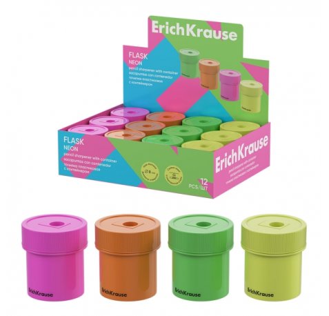 ErichKrause Flask Neon Expositor con 12 Sacapuntas con Contenedor - Plastico - Cuchilla Niquelada de Acero al Carbono - Orificio de 8mm - Colores Surtidos