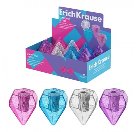 ErichKrause Diamond Expositor con 12 Sacapuntas con Contenedor - Plastico - Cuchilla Niquelada de Acero al Carbono - Orificio de 8mm - Colores Surtidos