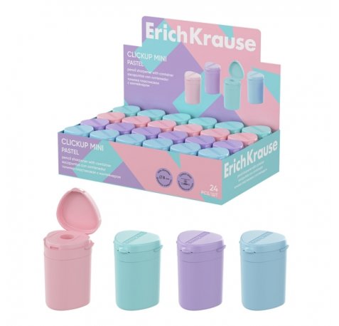ErichKrause ClickUp Mini Pastel Expositor con 24 Sacapuntas con Contenedor - Plastico - Cuchilla Niquelada de Acero al Carbono - Orificio de 8mm - Colores Surtidos