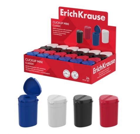 ErichKrause ClickUp Mini Classic Expositor con 24 Sacapuntas con Contenedor - Plastico - Cuchilla Niquelada de Acero al Carbono - Orificio de 8mm - Colores Surtidos
