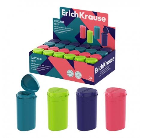 ErichKrause ClickUp Reef Expositor con 24 Sacapuntas con Contenedor - Plastico - Cuchilla Niquelada de Acero al Carbono - Orificio de 8mm - Colores Surtidos