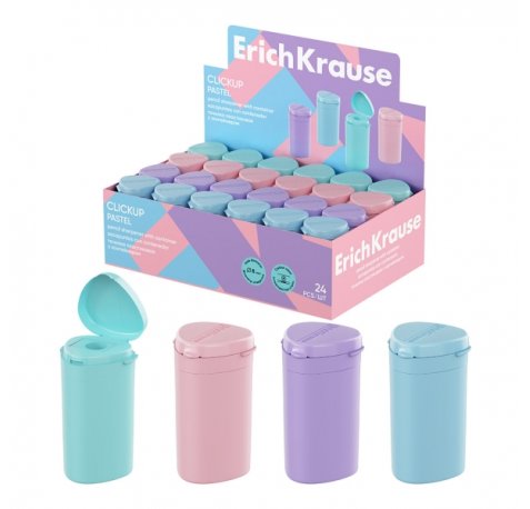 ErichKrause ClickUp Pastel Expositor con 24 Sacapuntas con Contenedor - Plastico - Cuchilla Niquelada de Acero al Carbono - Orificio de 8mm - Colores Surtidos