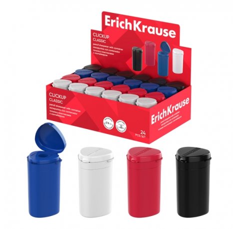 ErichKrause ClickUp Classic Expositor con 24 Sacapuntas con Contenedor - Plastico - Cuchilla Niquelada de Acero al Carbono - Orificio de 8mm - Colores Surtidos