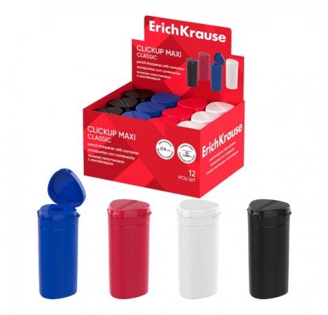 ErichKrause ClickUp Maxi Classic Expositor con 12 Sacapuntas con Contenedor - Plastico - Cuchilla Niquelada de Acero al Carbono - Orificio de 8mm - Colores Surtidos