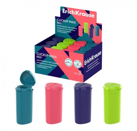 ErichKrause ClickUp Maxi Reef Expositor con 12 Sacapuntas con Contenedor - Plastico - Cuchilla Niquelada de Acero al Carbono - Orificio de 8mm - Colores Surtidos