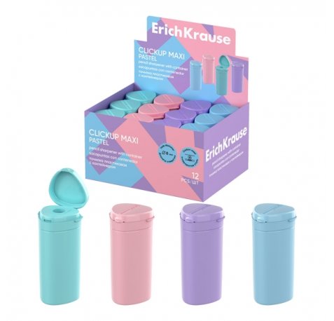 ErichKrause ClickUp Maxi Pastel Expositor con 12 Sacapuntas con Contenedor - Plastico - Cuchilla Niquelada de Acero al Carbono - Orificio de 8mm - Colores Surtidos