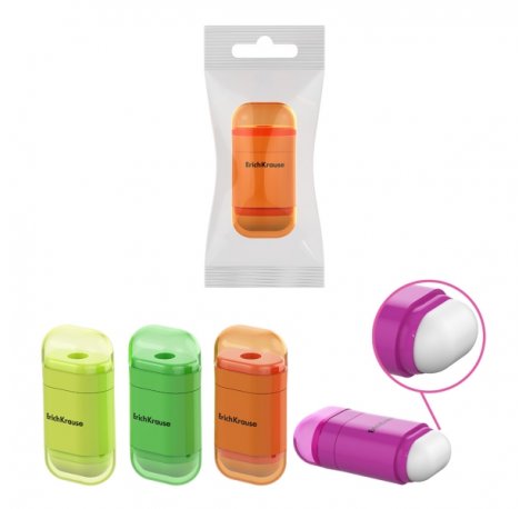ErichKrause JOY Neon Sacapuntas con Contenedor - Goma de Borrar - Plastico - Cuchilla Niquelada de Acero al Carbono - Orificio de 8mm - Colores Surtidos