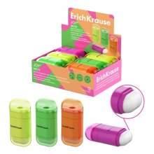 ErichKrause JOY Neon Expositor con 12 Sacapuntas con Contenedor - Goma de Borrar - Plastico - Cuchilla Niquelada de Acero al Carbono - Orificio de 8mm - Colores Surtidos