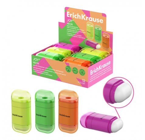 ErichKrause JOY Neon Expositor con 12 Sacapuntas con Contenedor - Goma de Borrar - Plastico - Cuchilla Niquelada de Acero al Carbono - Orificio de 8mm - Colores Surtidos