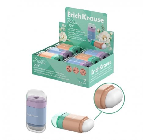 ErichKrause JOY Pastel Bloom Expositor con 12 Sacapuntas con Contenedor - Goma de Borrar - Plastico - Cuchilla Niquelada de Acero al Carbono - Orificio de 8mm - Colores Surtidos
